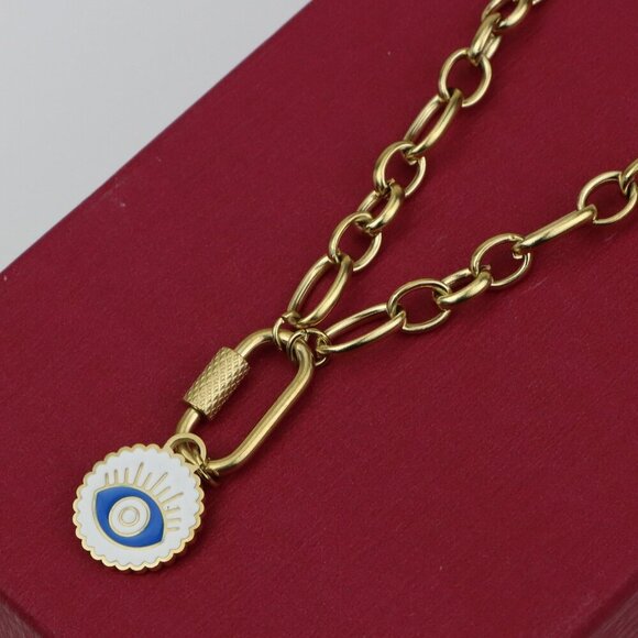 Chunky Gold Link Necklace with Eye Charm – Bold Yellow Jewelry, XPNL0368 - Picture 1 of 13